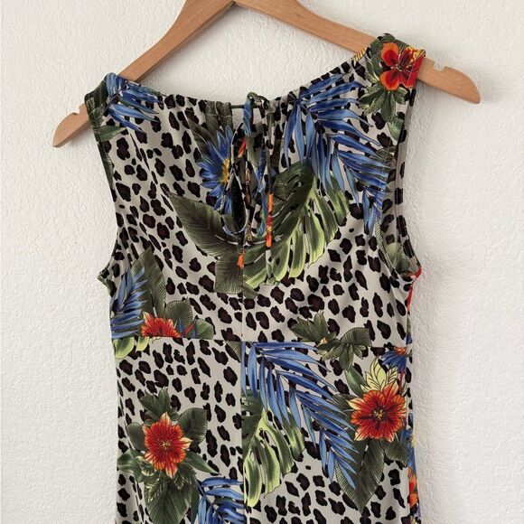 BCBG Vintage Y2K Tropical Floral & Leopard Print Sleeveless Midi Dress – Small - Picture 3 of 8